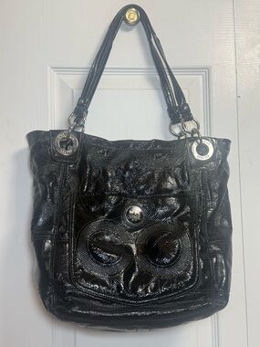 Coach Black Patent Leather Signature C Tote Shoulder Bag Silver Hardware Zip Top